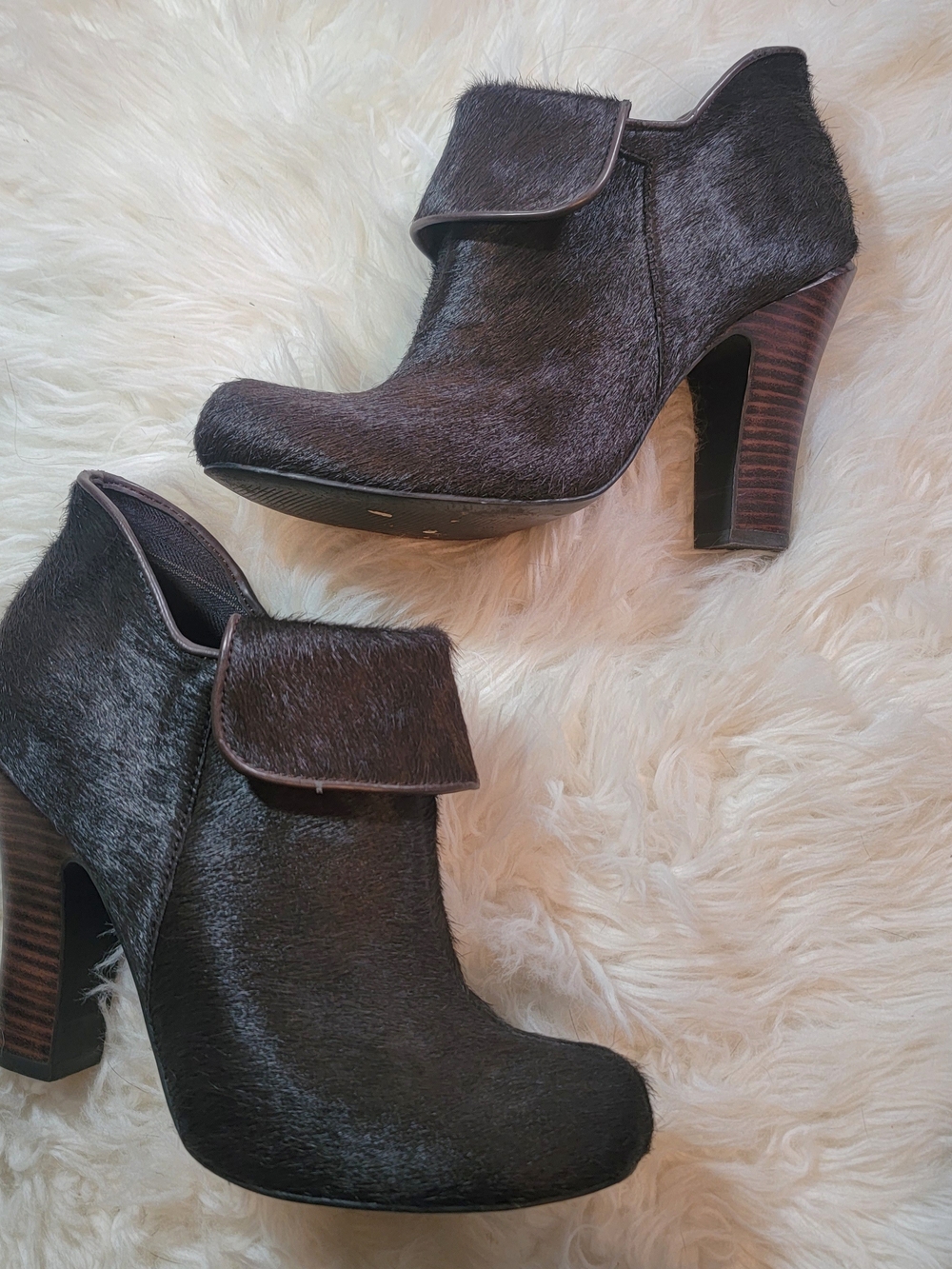 Fossil Pony Hair Ankle Booties Brown Block Heel Boots Women's Size 8.5